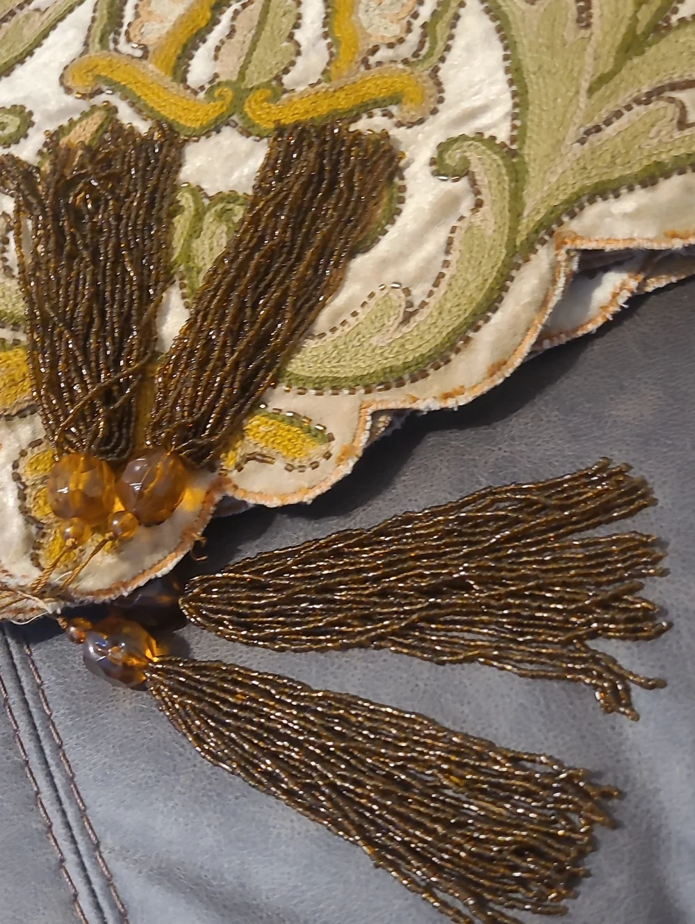 Vintage Rectangular Velvet Embroidered Mesh Glass Beads Tassels Tablecloth 86×42